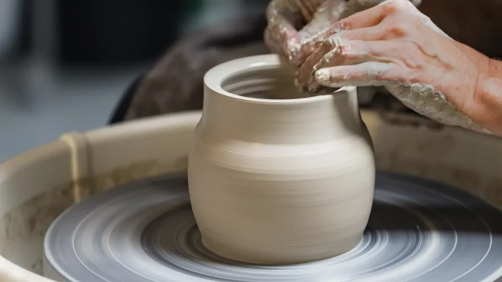Hände, die auf einer Töpferscheibe Ton zu einer Vase modellieren