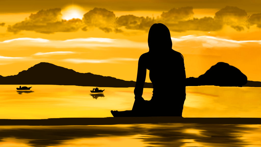 MindTuner - Begleitende Hypnose, eine Frau am Strand schaut in den Sonnenuntergang